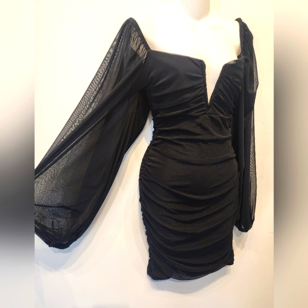 Elegant Black Bodycon Dress Deep V‎ Plunge Clubwear Sexy Mini Dress XL